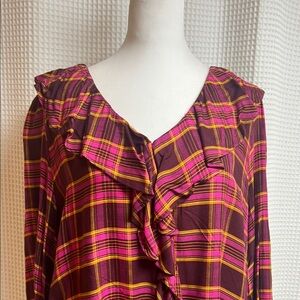 The Pioneer Woman Vibrant Plaid Top in Pink and Brown, with ruffled neck line